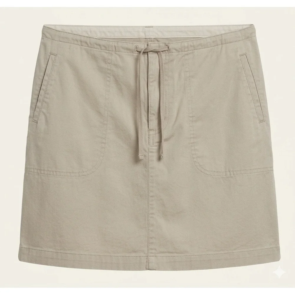 Gap Y2K Beige Khaki Cotton Twill Short Skirt M‎ Button Fly Pockets Drawstring